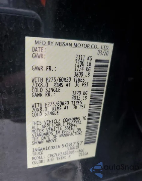 2020 Nissan Titan Sv из США, поврежденный, VIN 1N6AA1EDXLN508757